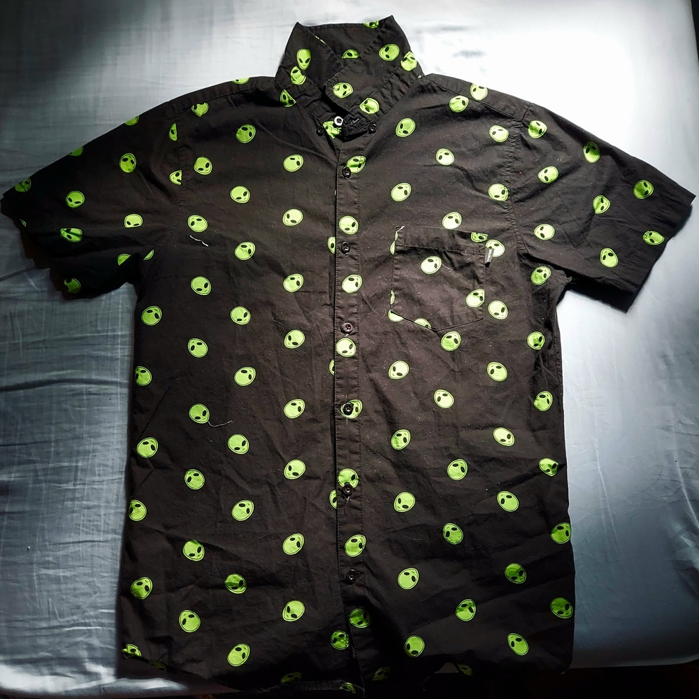 Men's Black Shirt with Green Alien Pattern